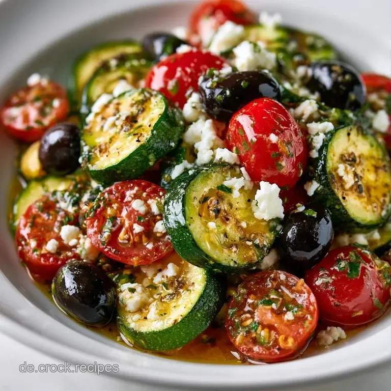Gl&auml;nzende, hellgr&uuml;ne Zucchini-St&uuml;cke mit cremigem, wei&szlig;em Feta in einer rustikalen, wei&szlig;en Keramikpfanne angerichtet.