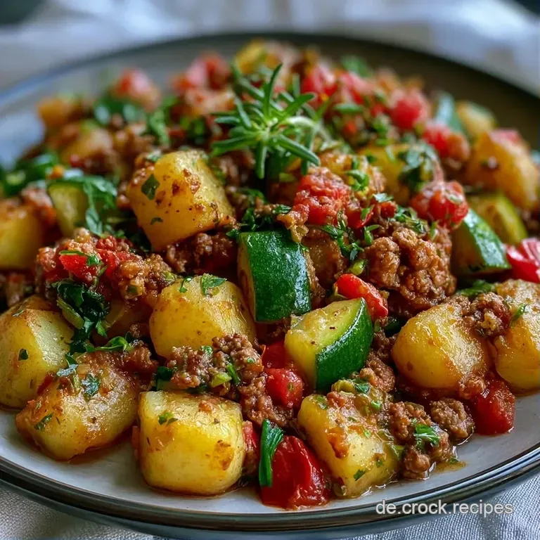 Farbenfrohe Anrichtung von Zucchini und Hackfleisch auf einem wei&szlig;en Teller, garniert mit frischem, gr&uuml;nem Kerbel.