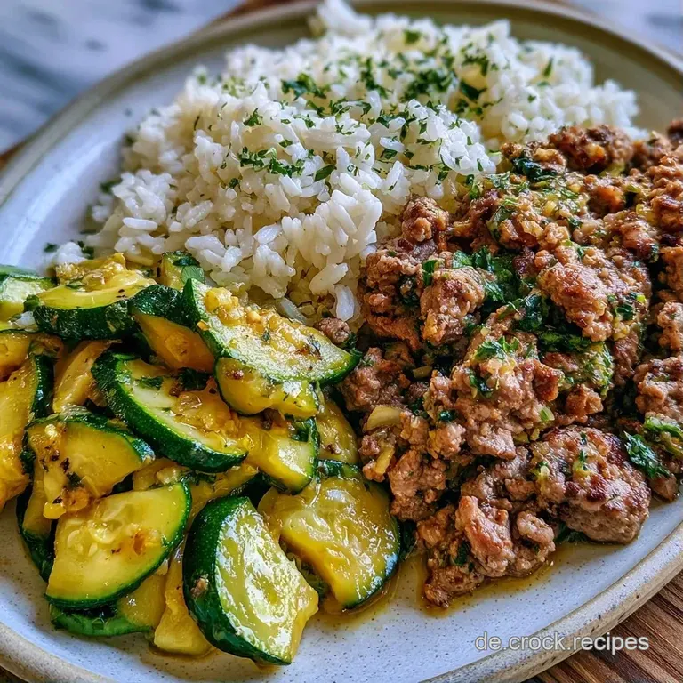 Ein wei&szlig;er Teller mit dampfendem Hackfleisch und zarten Zucchini, garniert mit frischer, gr&uuml;ner Petersilie auf hellem Grund.