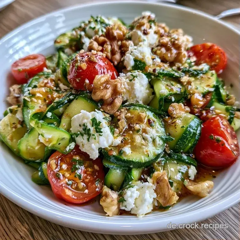 Ein bunter Salat aus hauchd&uuml;nnen gr&uuml;nen Zucchinistreifen, wei&szlig;em Feta und frischen Kr&auml;utern auf einer wei&szlig;en Platte.